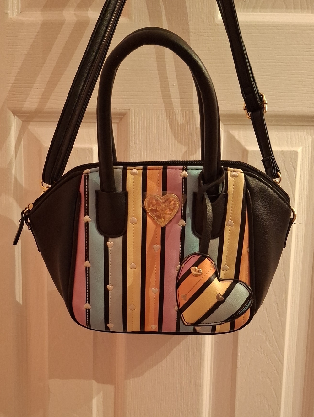 Betsey Johnson Black Satchel with Pastel Stripe Heart Charm